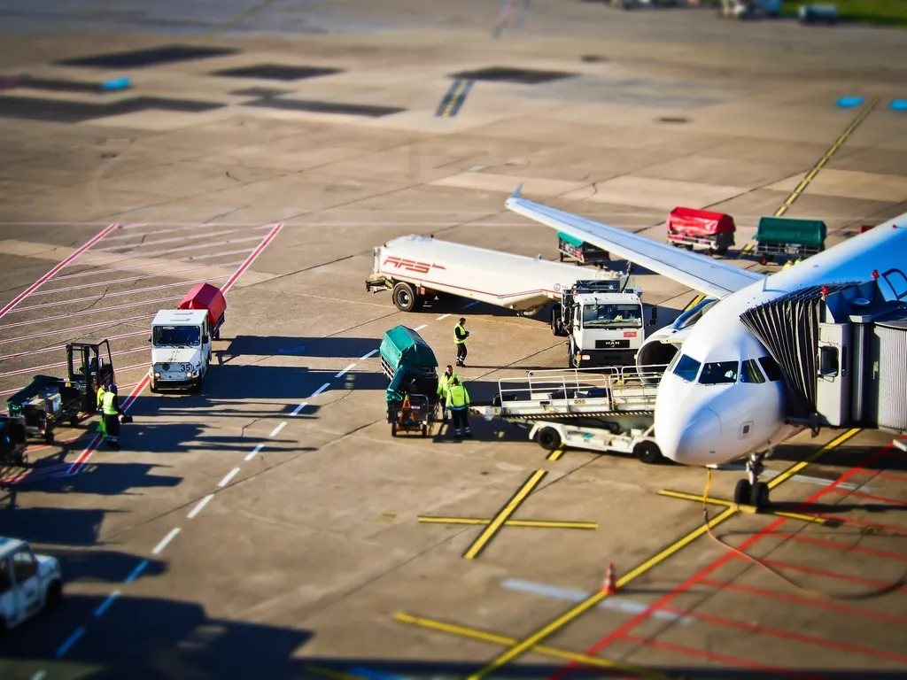 Aircraft at the stand with ground handling vehicles on the apron