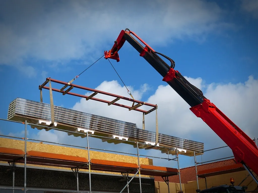 Crane lifting a heavy load onto a building site